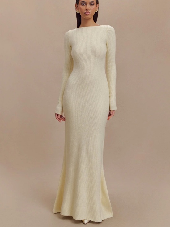Meshki Dresses & Skirts - Meshki Long Sleeve Ribbed Maxi Dress in Cream